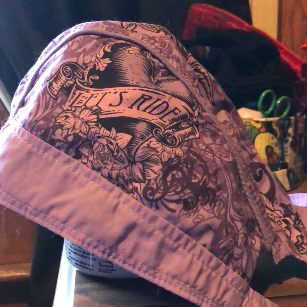 Motorcycle beanie, purple cloth, lined mesh